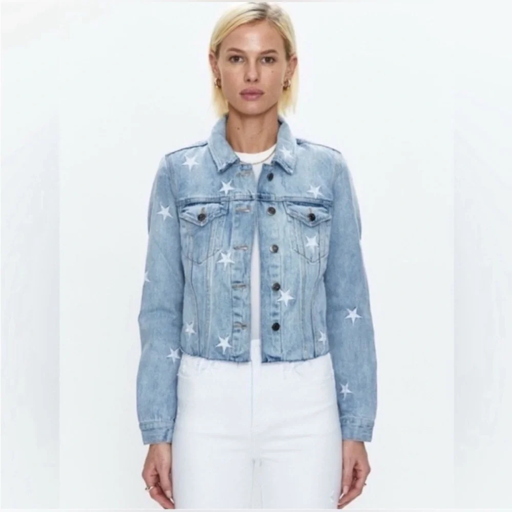 Pistola Brando Star Embroidery Cropped Denim Jacket Zodiac Wash - S